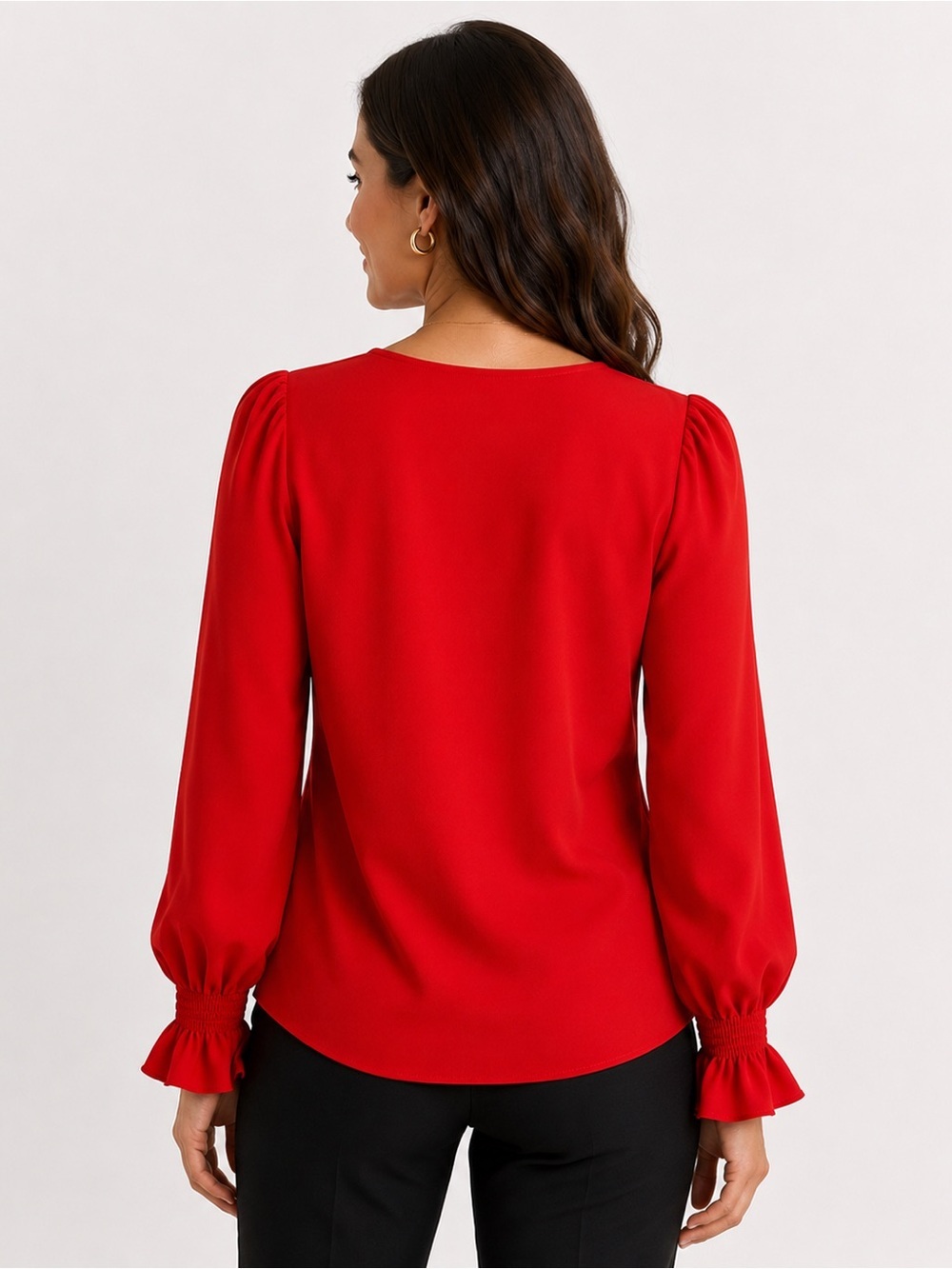 LaRoque Julia Red Crepe Blouse Long Sleeve Smocked Cuff Top - Picture 2 of 6